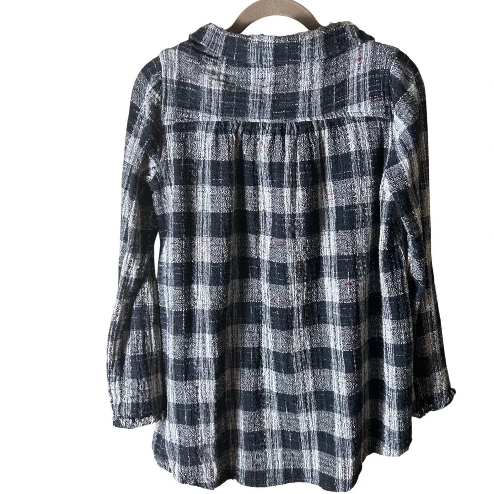 Free People Plaid‎ Cowl Neck Tunic Top Fringe Raw Hem Distressed Size Small